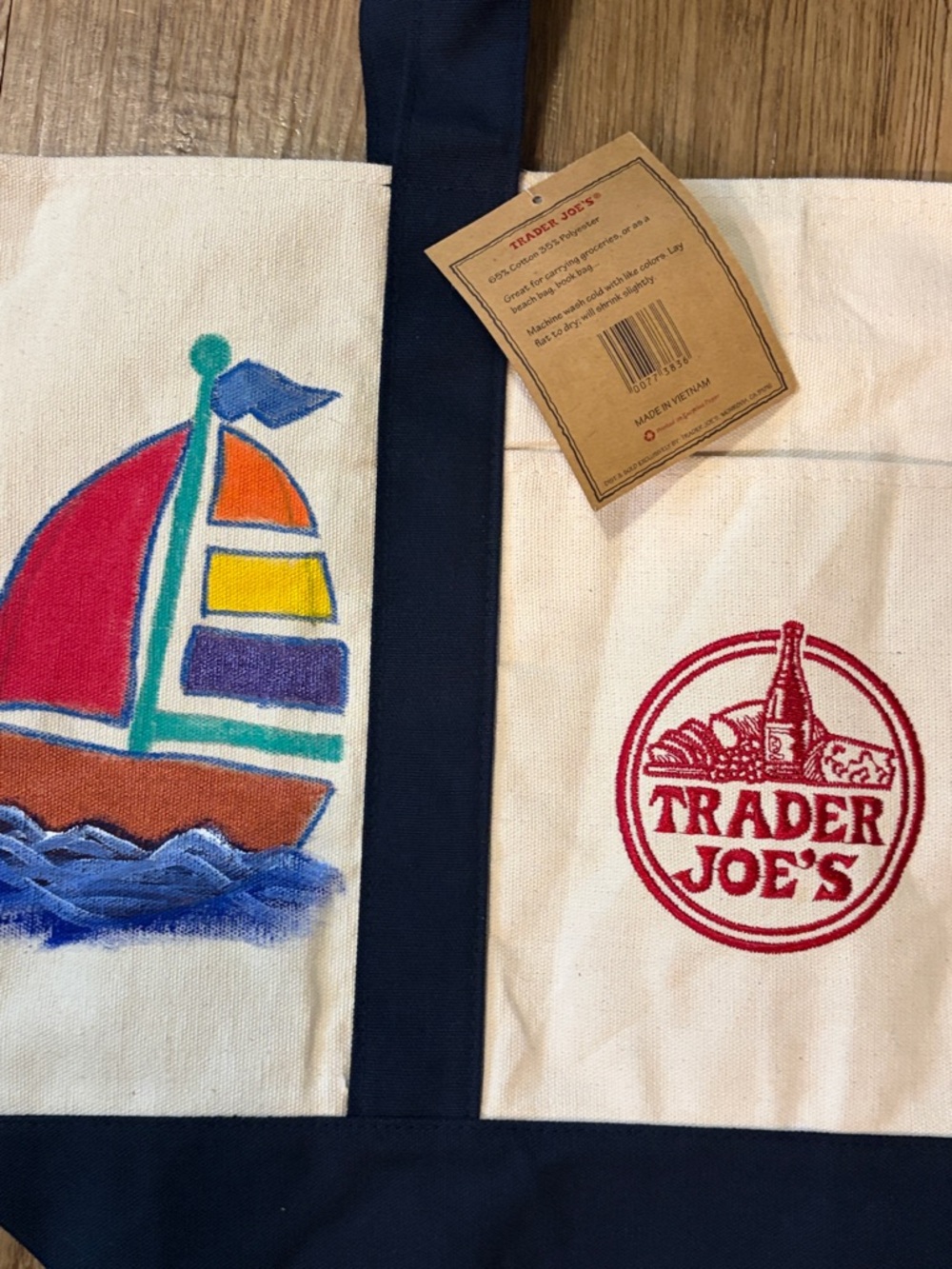 TRADER JOE’S Large Canvas Tote Bag with Sailboats Painting by@sails66  20”x14” - Picture 4 of 4